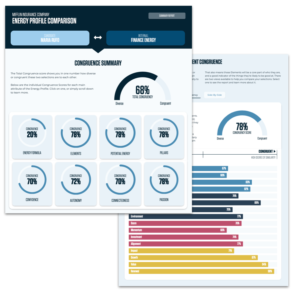 screenshots of the team fit feature, comparing a candidate or employee to the team you're about to place them on.